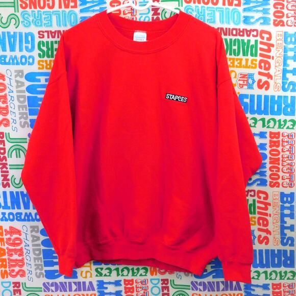 Vintage Staples Crewneck Sweatshirt Size L 90s Office Supply Red - Picture 1 of 6